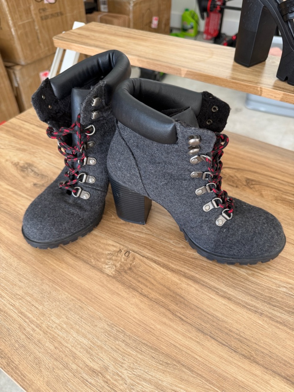 Call It Spring Gray Felt Lace-Up Block Heel Boots